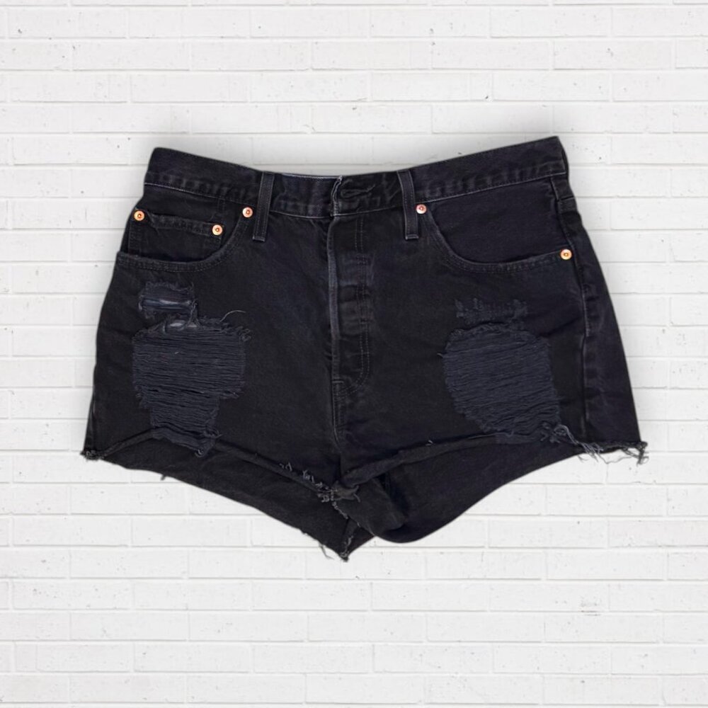 Levis 501 Premium Black High Rise Distressed Cutoff Shorts Button Fly Frayed Hem